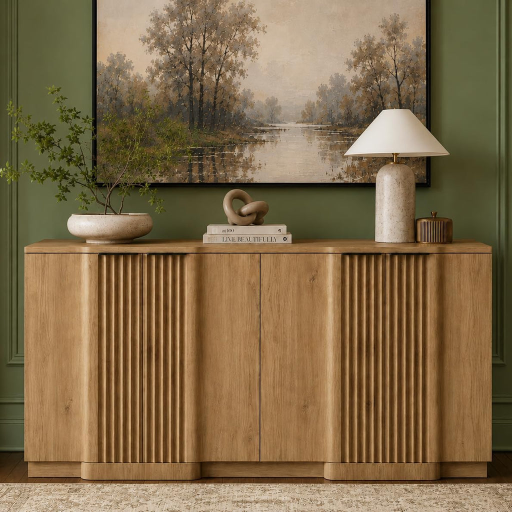 Yechen Buffet Cabinet with Storage, 55" Accent Sideboard Modern Credenza with Doors & Adjustable Shelves Fluted Media Console Wood Coffee Bar Table for Living Kitchen Dining Room