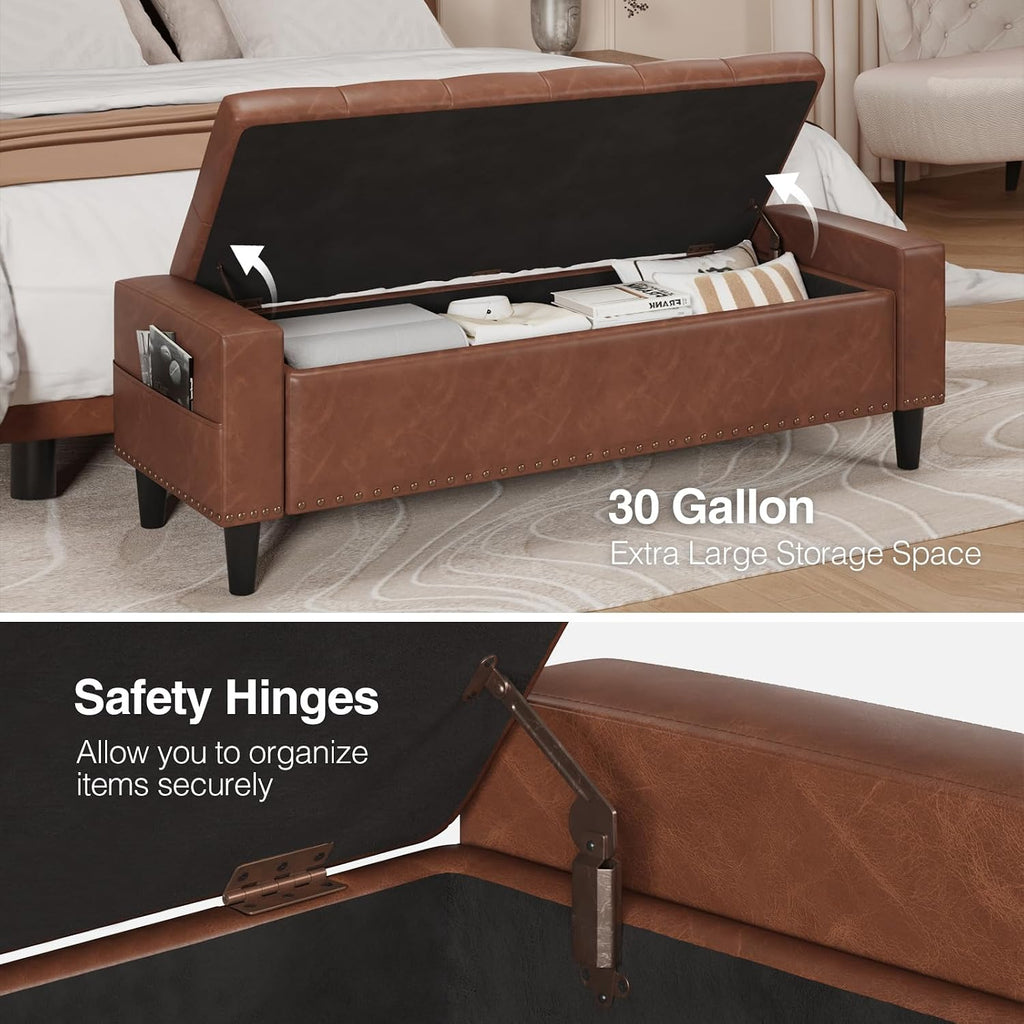 60" Storage Ottoman Bench, Faux Leather Upholstered Bed Bench, Brown | Benches with Tufted Buttons and Nailhead Trim, Large Ottoman with Storage for King Size End of Bed, Bedroom,Entryway,Hallway