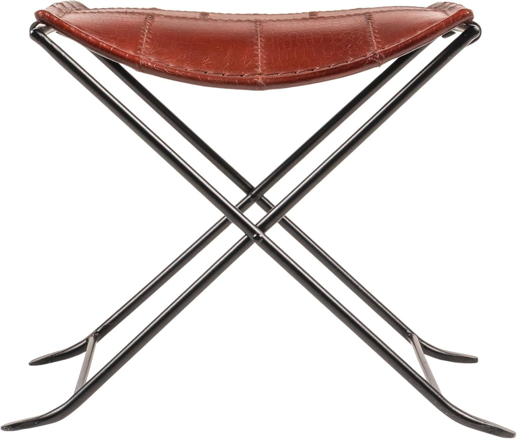 Creative Co-Op Collapsible Leather and Metal Stool, Russet Brown