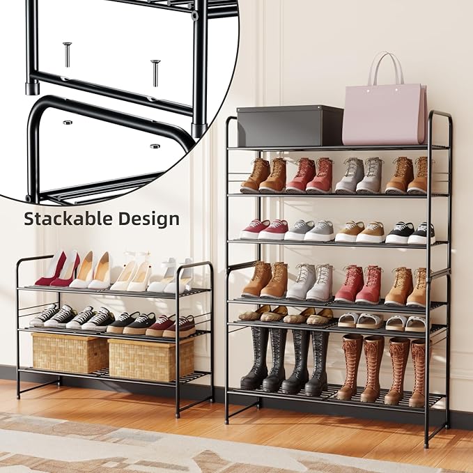 SUFAUY 3-Tier 33" Wide Shoe Rack, Closet Metal Shoe Rack Organizer Heavy Duty, Stackable, Black