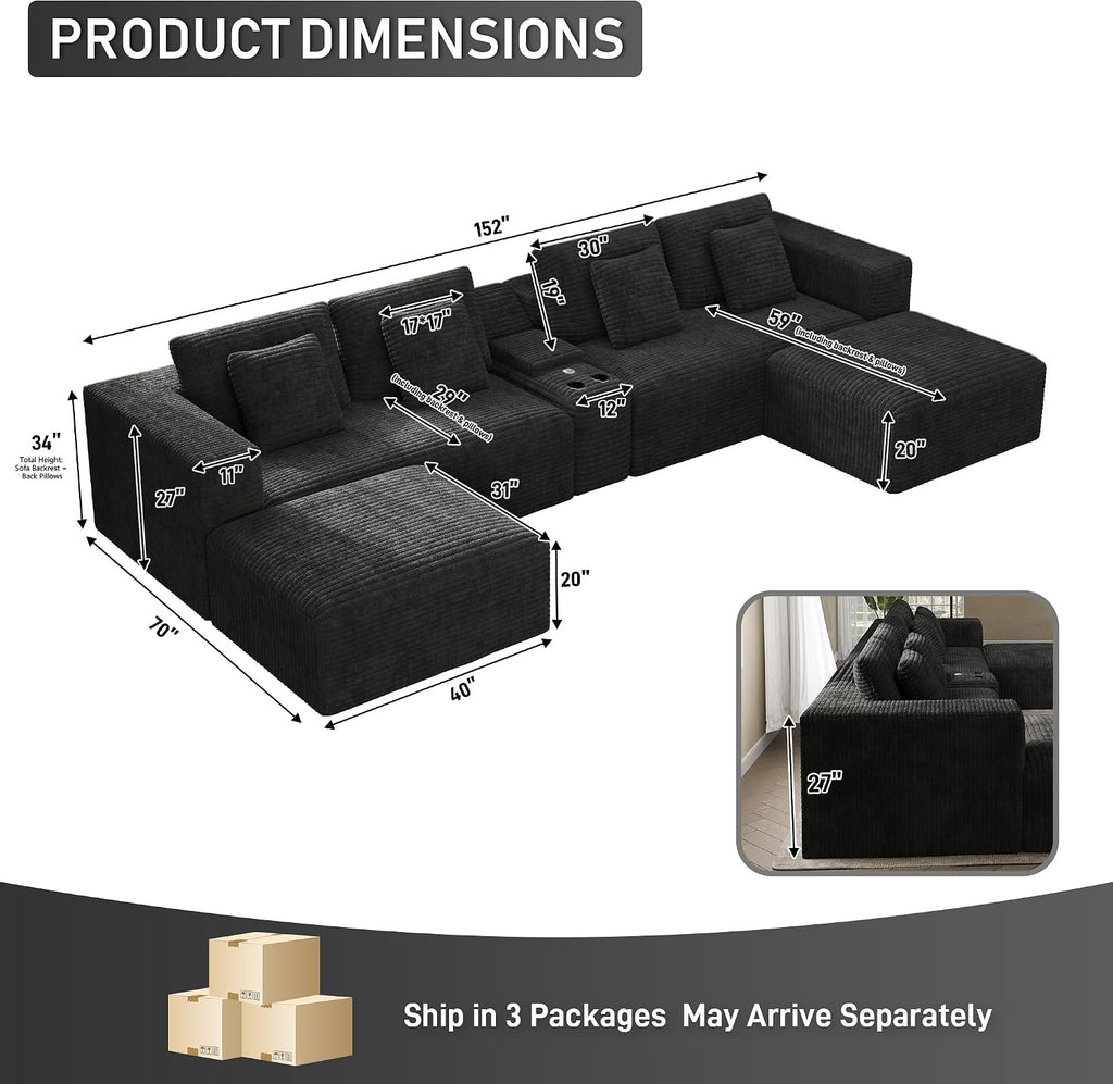 151" U Shaped Cloud Sectional Couch Modular Sofa, Comfy Oversized Couches for Living Room, Plush Corduroy Sectional Sofa Set with Ottoman Storage Console USB, Olive Dark Gray