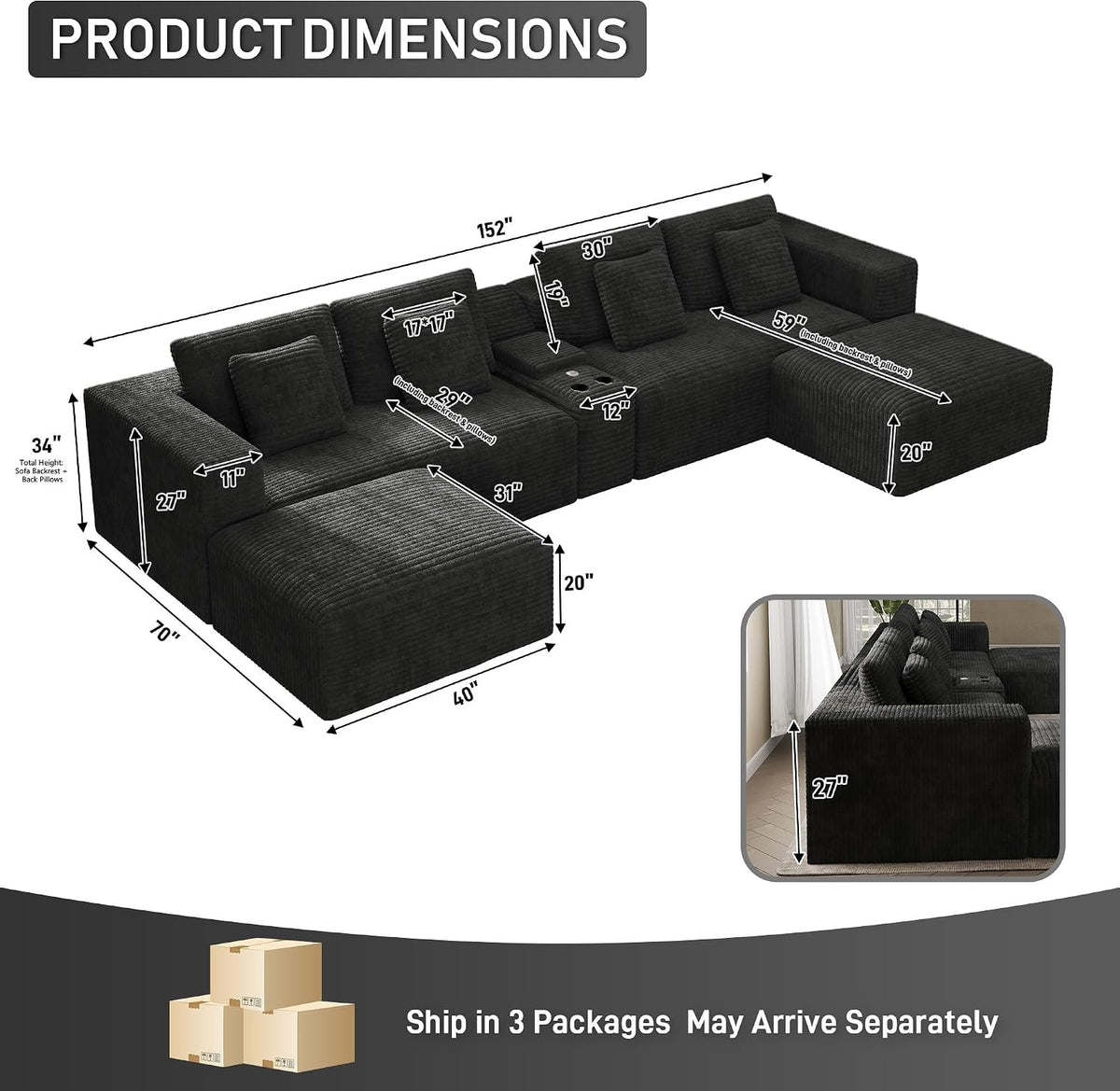 151" U Shaped Cloud Sectional Couch Modular Sofa, Comfy Oversized Couches for Living Room, Plush Corduroy Sectional Sofa Set with Ottoman Storage Console USB, Olive Dark Gray
