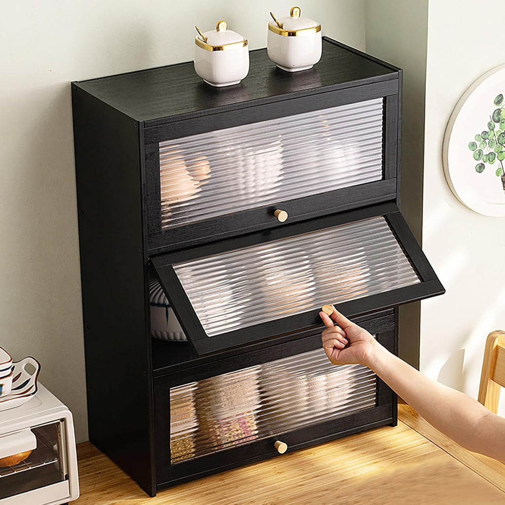 3 Tier Bamboo Kitchen Storage Shelf Countertop Cabinet Pantry, Kitchen Cabinet Spice Rack Shelf with Flip Up Doors Small Cupboard Food Pantry Cabinets