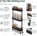 Narrow 3 Tier Rolling Cart, Slim Storage Cart for Bathroom Kitchen