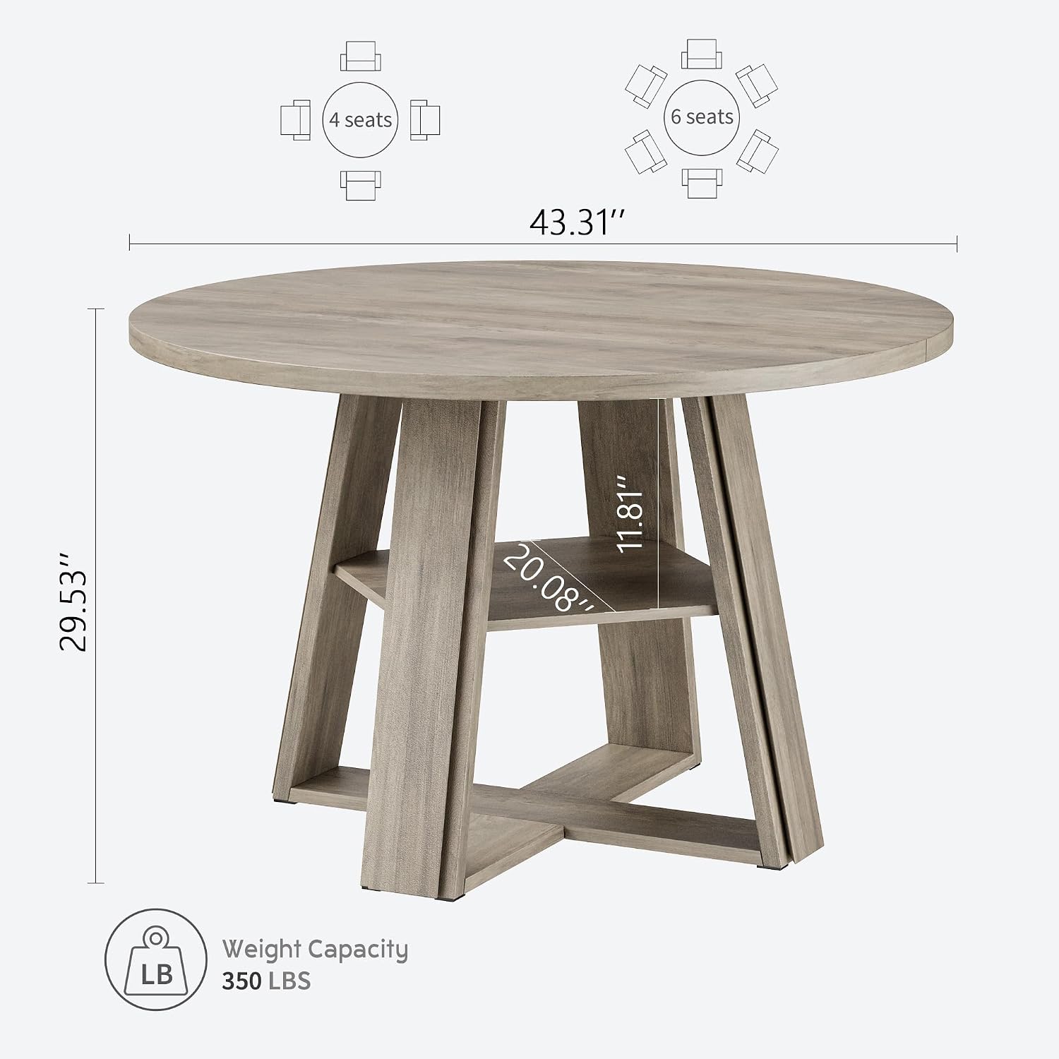 GarveeHome 43.3" Round Dining Table for 2-4 People, Circle Kitchen Table with Wooden Pedestal Base and Storage Shelf for Small Space Saving for Living Room, Apartment (Table Only)