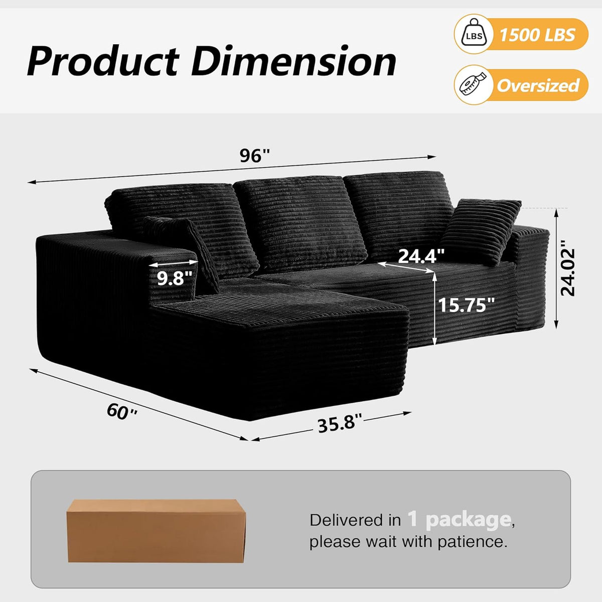 Modular L Shaped Sectional Couch, Cloud Style Sofa with Deep Seat Cushions, Sofa for Living Room and Apartment, Easy Assembly Couch in a Box (Black, 96" L Shape with Right Facing Chaise)