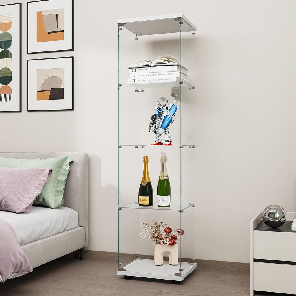 FANYUSHOW Tempered Glass Display Cabinet 4-Shelf Curio Cabinet with Security Lock 5mm Display Shelf Showcase for Living Room/Bedroom/Office- White 64.7" H x 16.7" L x 14.37" W