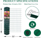 Green PVC Coated Welded Wire Fence 36 Inch x 50 Foot, 2 Inch x 3 Inch 16GA, Garden Border Fencing Roll Vinyl Coating Metal Wire Mesh for Yard Vegetable Plant Protection Poultry Netting