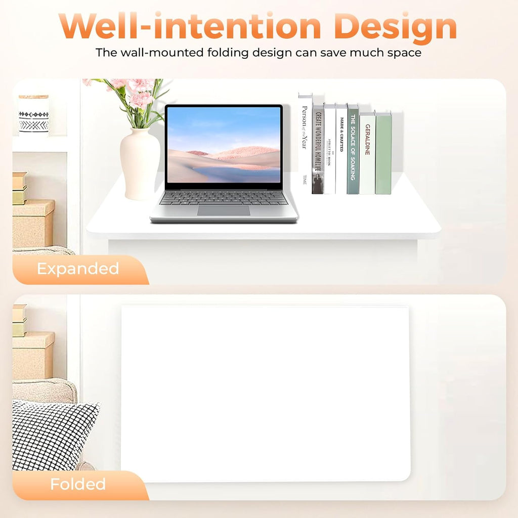Wall Mounted Folding Desk, 24x16 Inch Floating Desk with Shelf Brackets, Space Saving Fold Down for Small Spaces, Home Office, Kitchen, Laundry Room, White