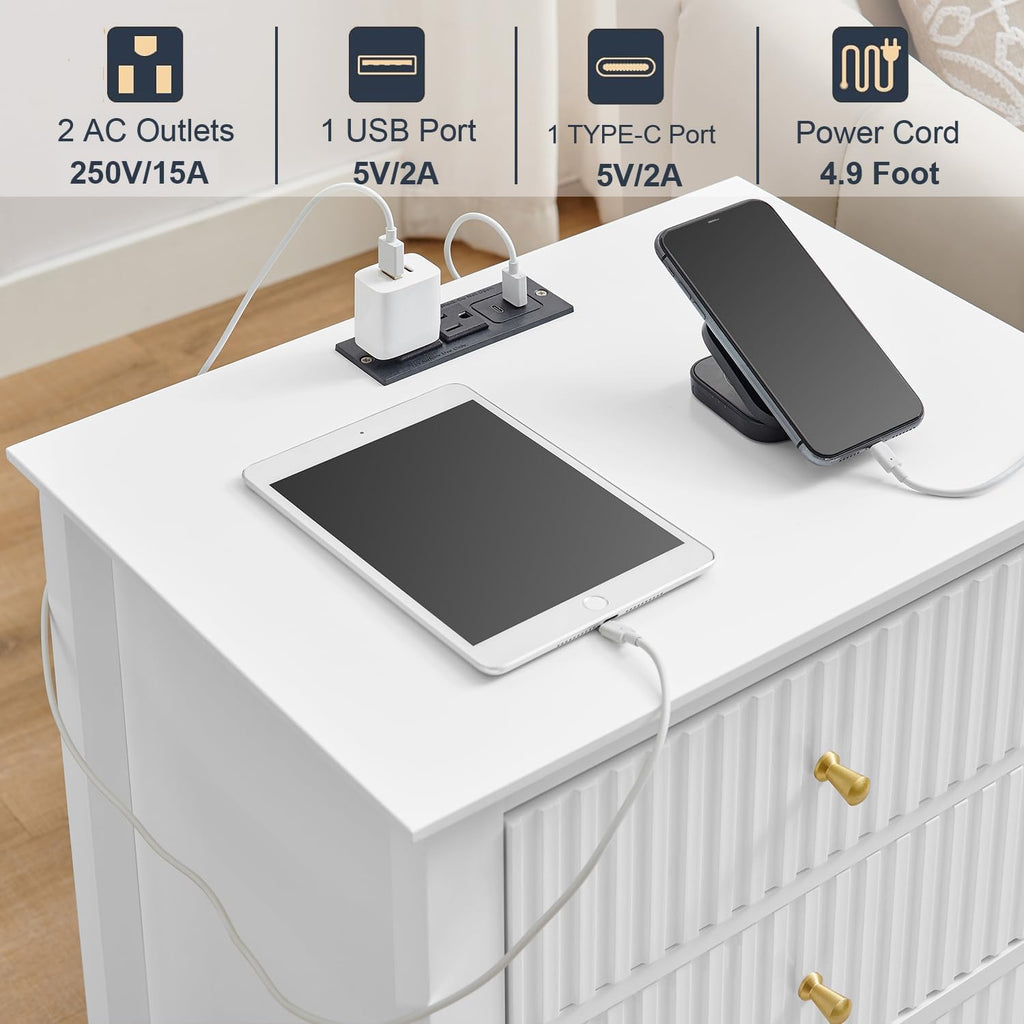 OCANDO White Bed Side Table with 3 Drawers 19" W, Bedroom Nightstand 24" H,Vintage Modern Night Stand with USB Ports,Living Room Fluted End Bedside Tables