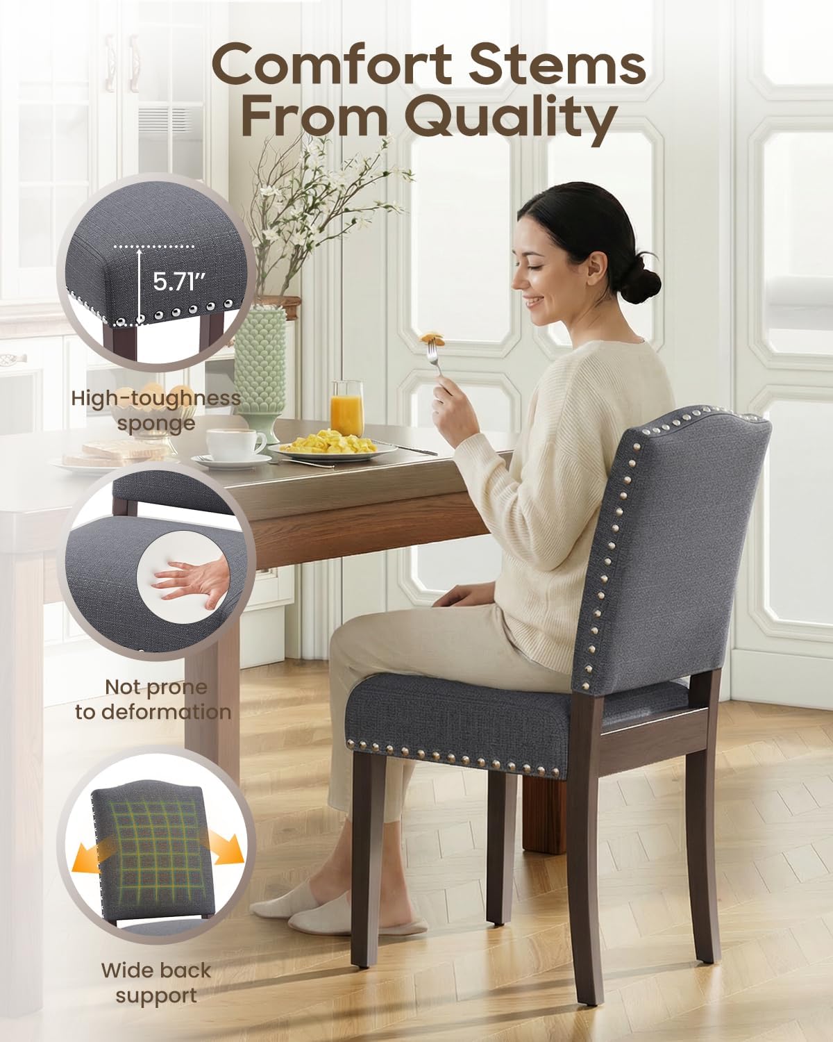 Upholstered Dining Chairs Set of 6 with Thickened Seat Cushion, Wooden Mid-Century Modern Fabric Farmhouse Kitchen Chairs for Dining Room Living/Restaurant/Reading Room