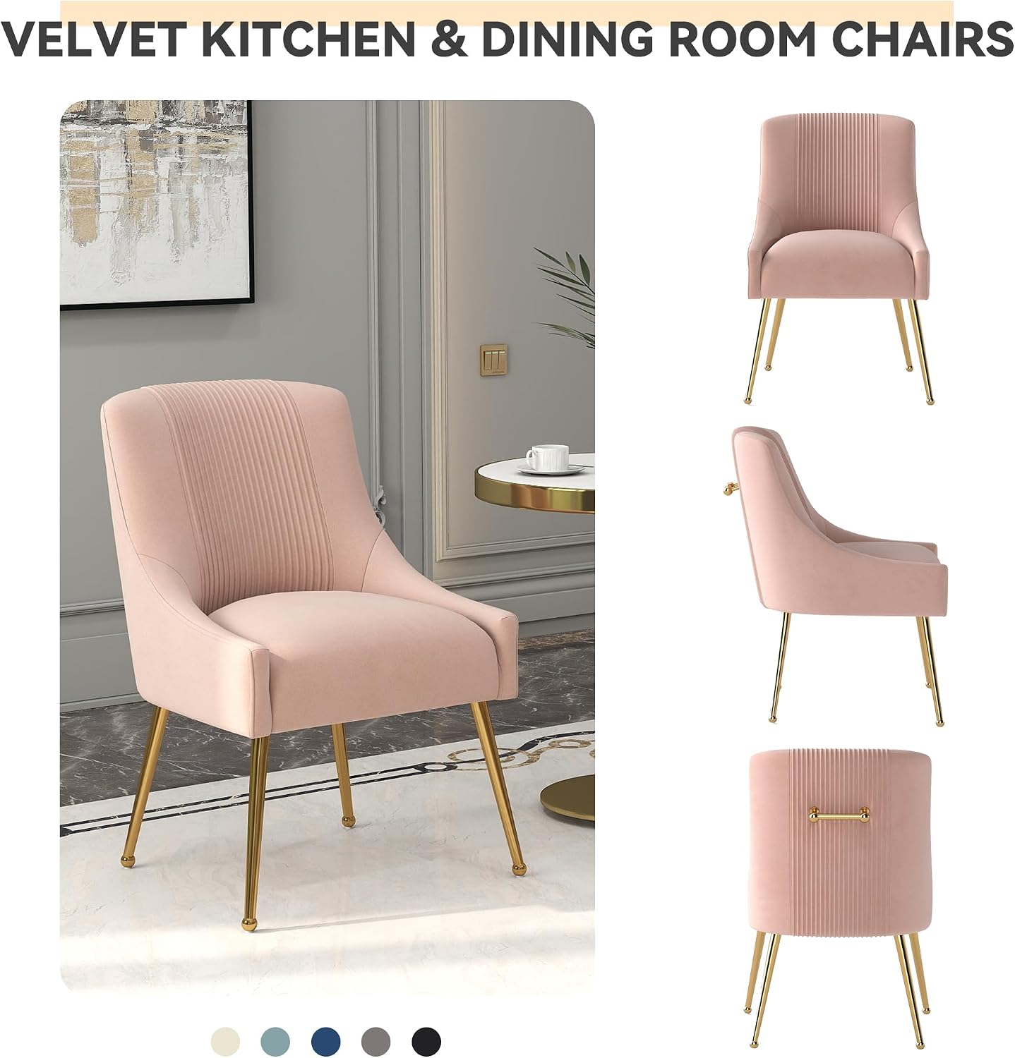 Modern Dining Chairs, Velvet Upholstered Dining Room Chairs with Gold Legs,Tufted Accent Chair Set of 2 for Reception Room Living Room Study Room(Pink)
