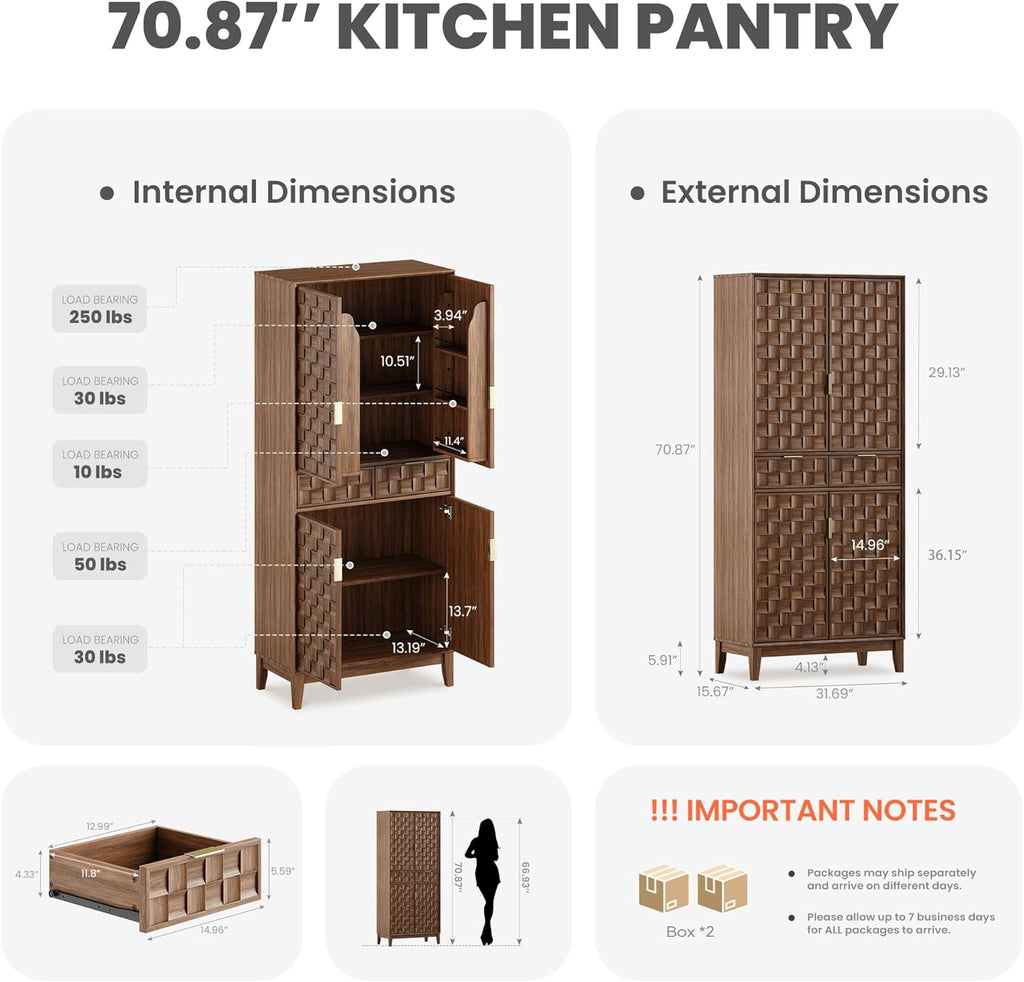 Pantry Cabinet, 71" Tall Pantry Cabinet,Modern Kitchen Cabinet with Doors, Drawers & Adjustable Shelves, Freestanding Food Pantry Cupboard with Side Rack for Kitchen Dining Room,Walnut