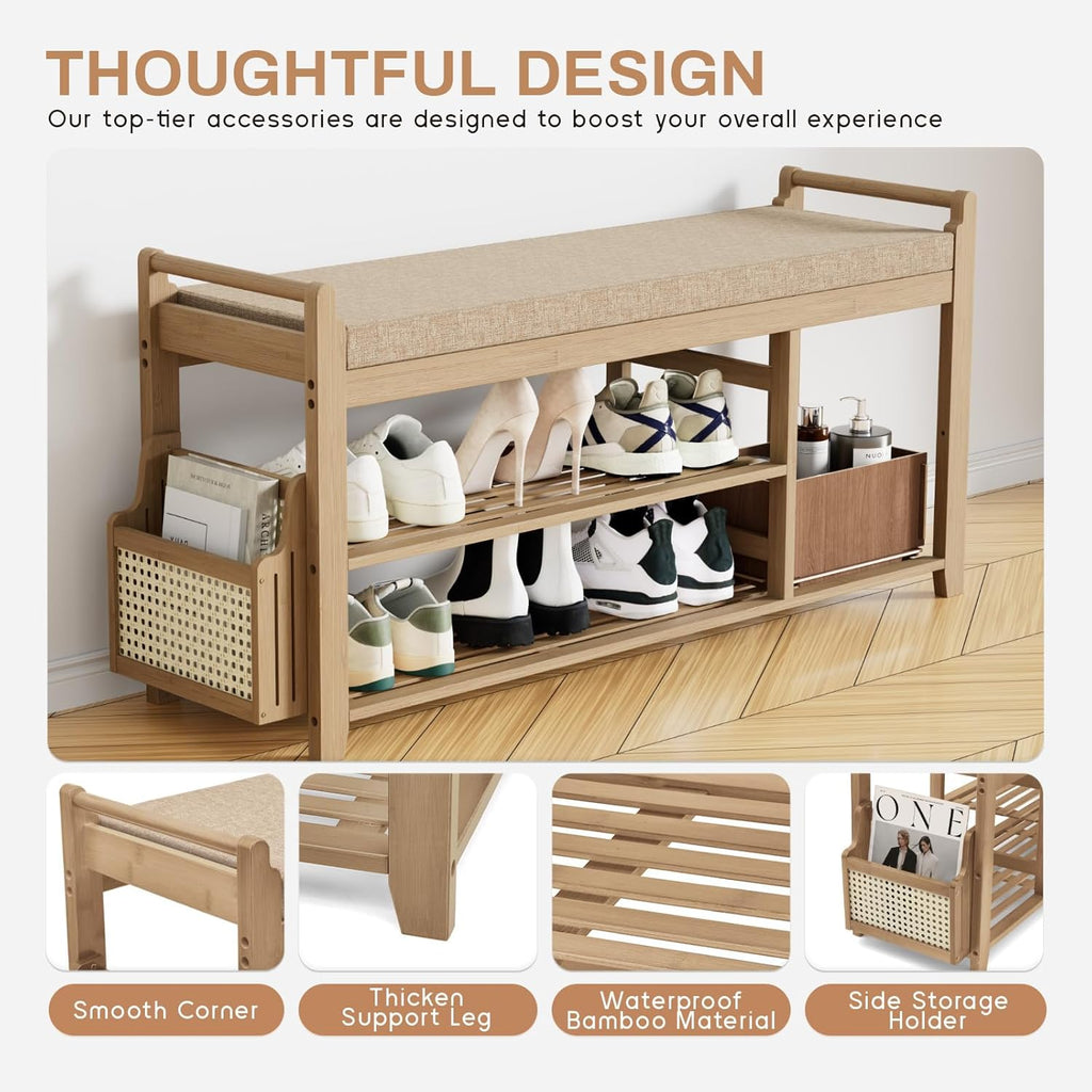Homaxy 2-Tier Shoe Rack Bench with Side Holder, 39.4 in Bamboo Entryway Bench, Shoe Rack Organizer with Cushion for Front Entrance, Hallway Living Room Bedroom, Walnut and Light Brown