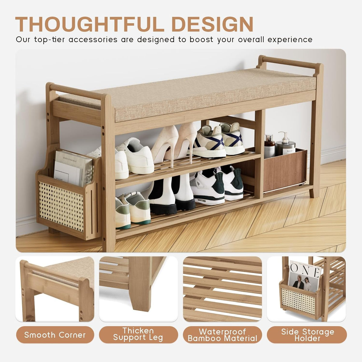Homaxy 2-Tier Shoe Rack Bench with Side Holder, 39.4 in Bamboo Entryway Bench, Shoe Rack Organizer with Cushion for Front Entrance, Hallway Living Room Bedroom, Walnut and Light Brown