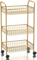 3 Tier Rolling Utility Cart, Storage Trolley Service Cart with Wheels Easy Assembly for Kitchen, Living Room, Office, Salon, Gold | Storage Trolley Service Cart with Lockable Wheels, Easy Assembly for Kitchen, Living Room, Office, Salon, Dorm