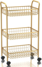 3 Tier Rolling Utility Cart, Storage Trolley Service Cart with Wheels Easy Assembly for Kitchen, Living Room, Office, Salon, Gold | Storage Trolley Service Cart with Lockable Wheels, Easy Assembly for Kitchen, Living Room, Office, Salon, Dorm