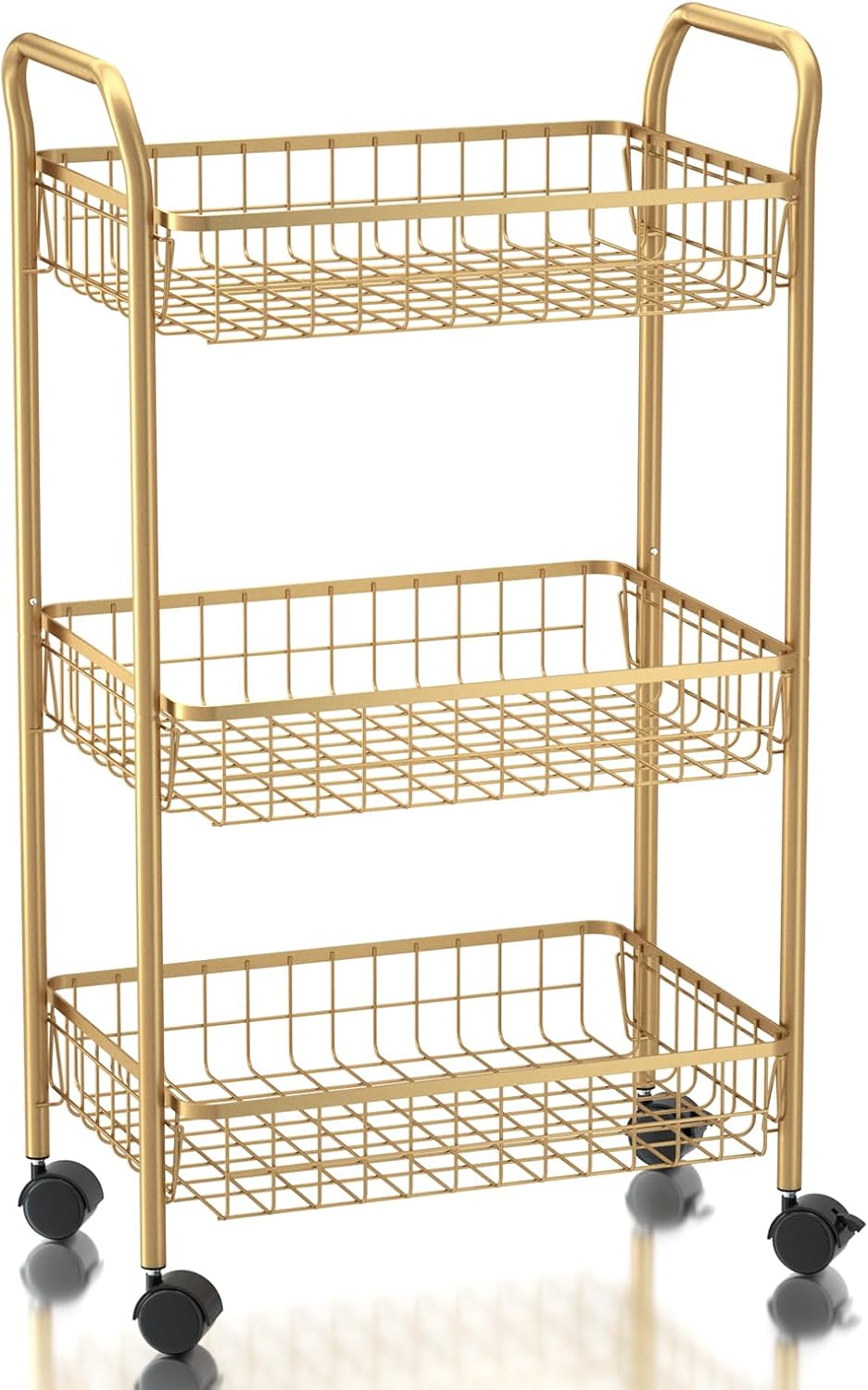 3 Tier Rolling Utility Cart, Storage Trolley Service Cart with Wheels Easy Assembly for Kitchen, Living Room, Office, Salon, Gold | Storage Trolley Service Cart with Lockable Wheels, Easy Assembly for Kitchen, Living Room, Office, Salon, Dorm