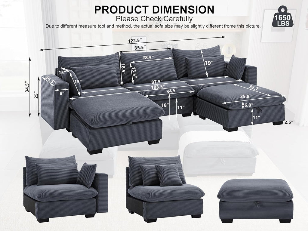 asunflower Modular Sectional Sofa for Living Room, 122.5" 3-Seat U-Shaped Cloud Couch with 2 Storage Ottomans, Easy Assembly Corduroy Couch with Deep Seat for Bedroom, Apartment, Dark Grey