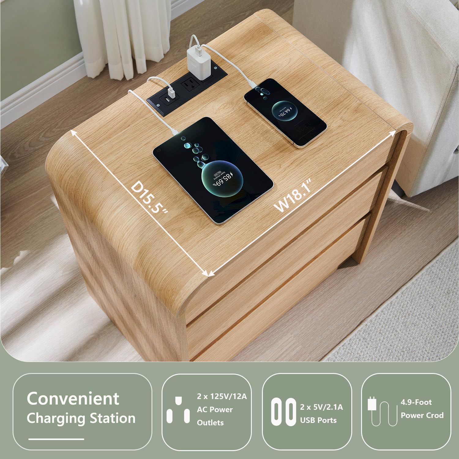 Aitjunz 25" Tall Modern Nightstand with Charging Station, 23.6'' Wide Wood Bedside Table w/3 Storage Drawers, Small Dresser w/Curved Profile Design, End Table for Bedroom, Natural Oak