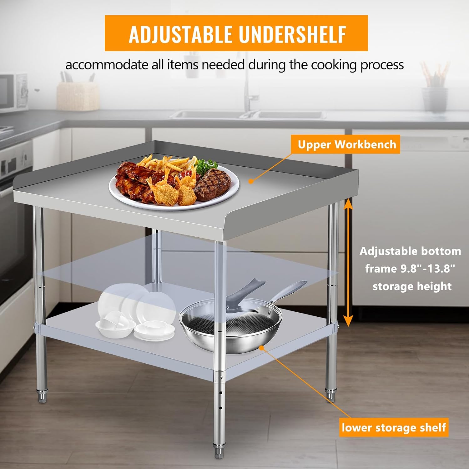 24x24x30 Inch Equipment Grill Stand Table Stainless Steel NSF Certified 400 Lbs Capacity with Adjustable Legs, 2" Edge Baffle for Hotel, Home, Commercial Restaurant Kitchen