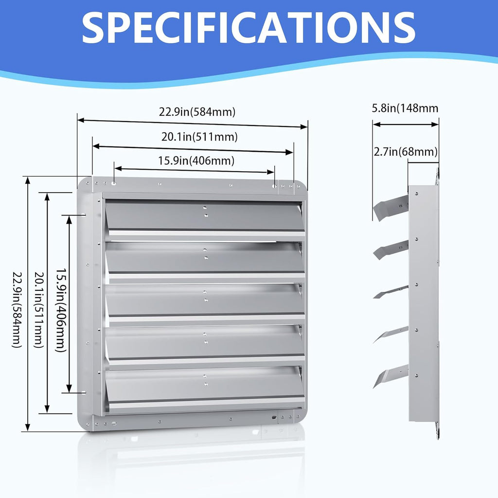 20 Inch Galvanized Shutter Exhaust Louver Vent, Automatic Gravity Shutter Louver Vent for Home Attics, Workshops, Barn, Greenhouse (Motor&Blades are not Included)