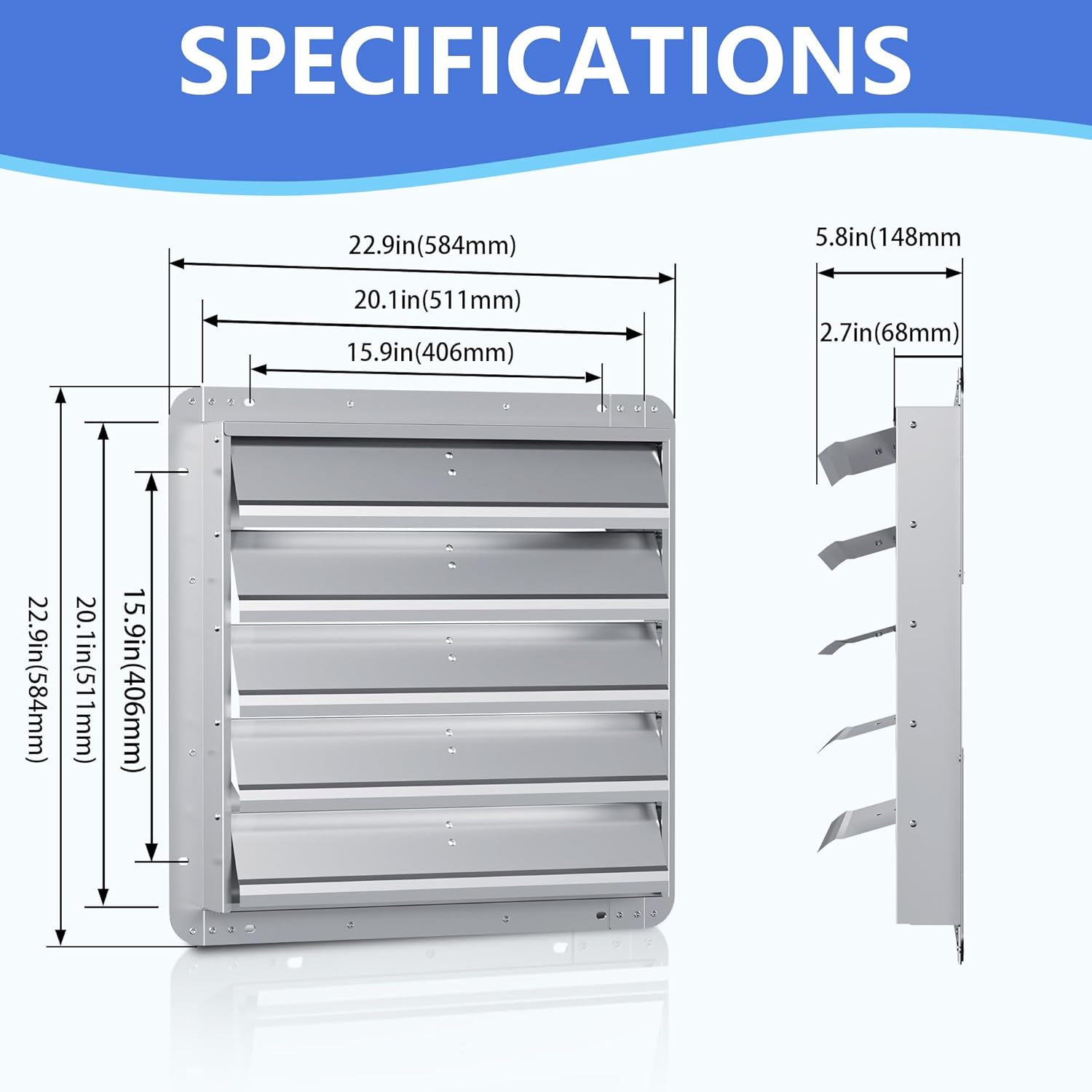 20 Inch Galvanized Shutter Exhaust Louver Vent, Automatic Gravity Shutter Louver Vent for Home Attics, Workshops, Barn, Greenhouse (Motor&Blades are not Included)