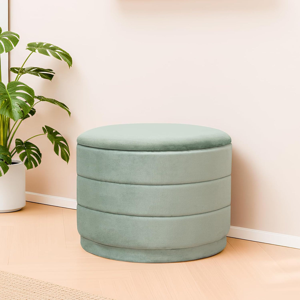 23" Round Velvet Storage Ottoman with Reversible Lid, Soft Padded Footrest and Hidden Storage, Large Upholstere Tray Top Ottoman Footstool for Living Room, Bedroom, Entryway, Sage Green