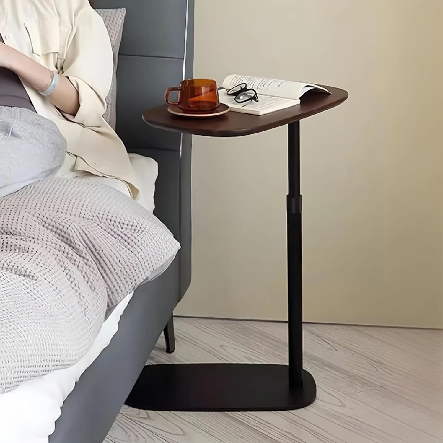 Modern C Shaped Side Table, with Adjustable Height and Swivel Top Sofa Table, Laptop Table for Living Room, Bedroom, Study and Small Spaces, Walnut Wood