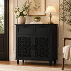 Sideboard Cabinet with 2 Doors & 2 Drawers - Adjustable Storage Console Table for Living Room, Bathroom - Modern Farmhouse Storage Cabinet with Black Handles