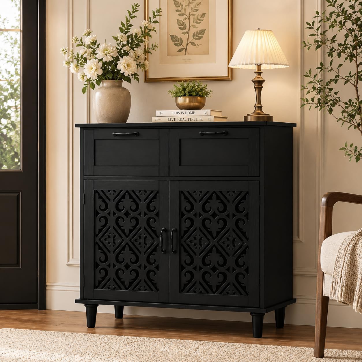 Sideboard Cabinet with 2 Doors & 2 Drawers - Adjustable Storage Console Table for Living Room, Bathroom - Modern Farmhouse Storage Cabinet with Black Handles