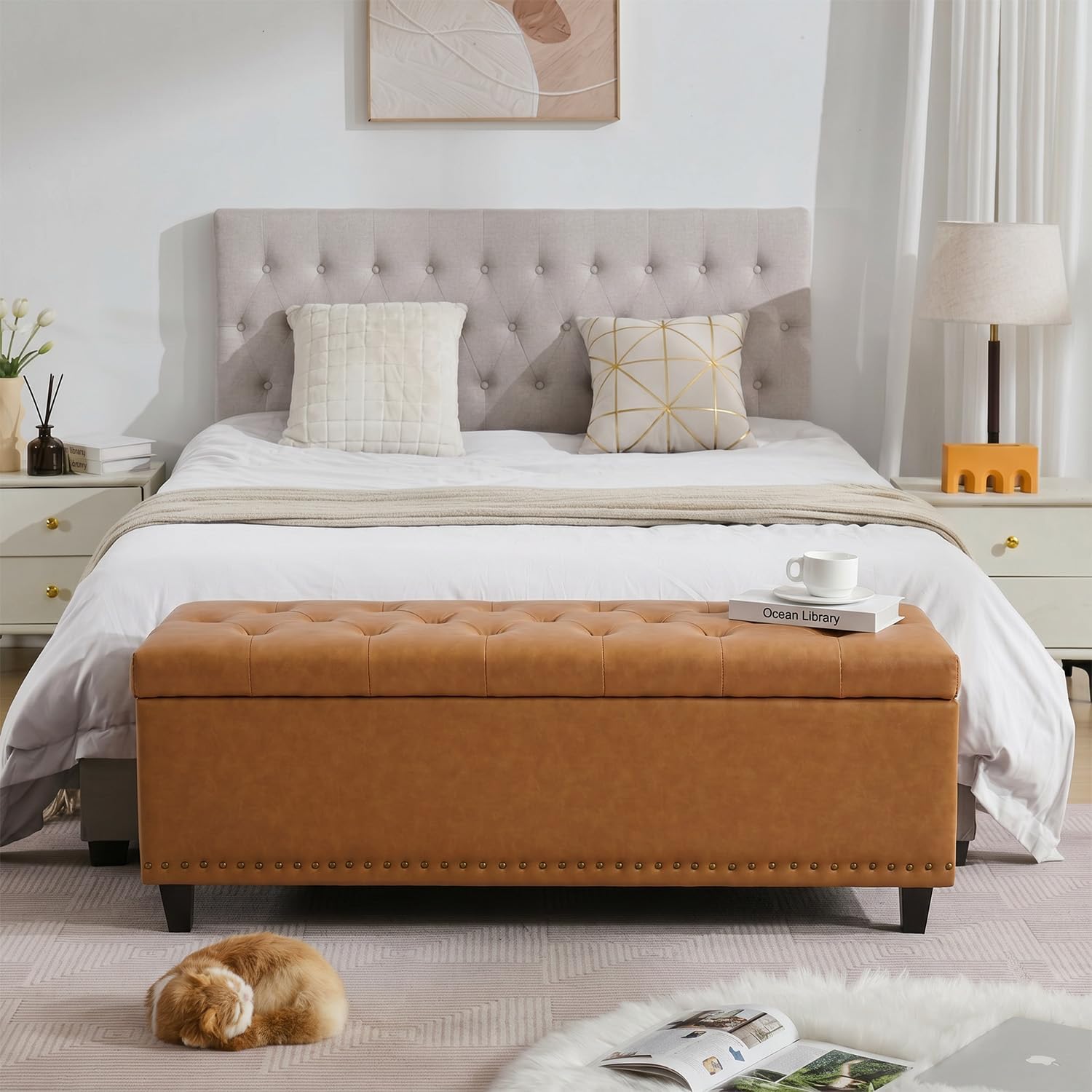 Tbfit 50.8" Ottoman with Storage, Button‑Tufted Bench with Safety Hinge and Rivets, Large End‑of‑Bed Storage Ottoman Bench for Bedroom, Living Room, Entryway, Camel PU