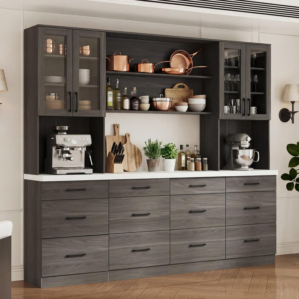 Timechee 82.7" Tall Kitchen Pantry Storage Cabinet, Large Free Standing Food Storage Hutch with Doors and Shelves, Modern Cupboard Coffee Bar with Drawers for Dining Room, Gray