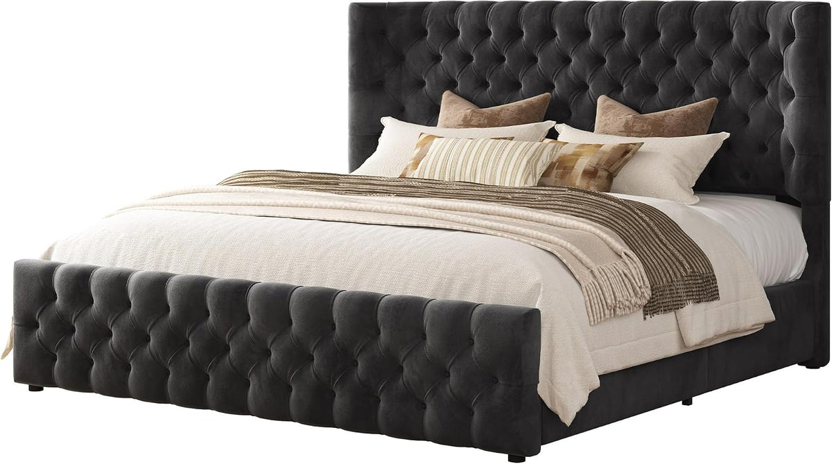 AMERLIFE Upholstered Queen Bed Frame with Wingback Headboard, Black Velvet