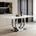 SSLine Modern White Marble Dining Table for 6-8 Rectangle 69.3" Faux Marble Kitchen Table with Silver Stainless Steel Dual U Shape Pedestal Base Luxury Dining Room Table for Home Kitchen