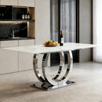 SSLine Modern White Marble Dining Table for 6-8 Rectangle 69.3" Faux Marble Kitchen Table with Silver Stainless Steel Dual U Shape Pedestal Base Luxury Dining Room Table for Home Kitchen