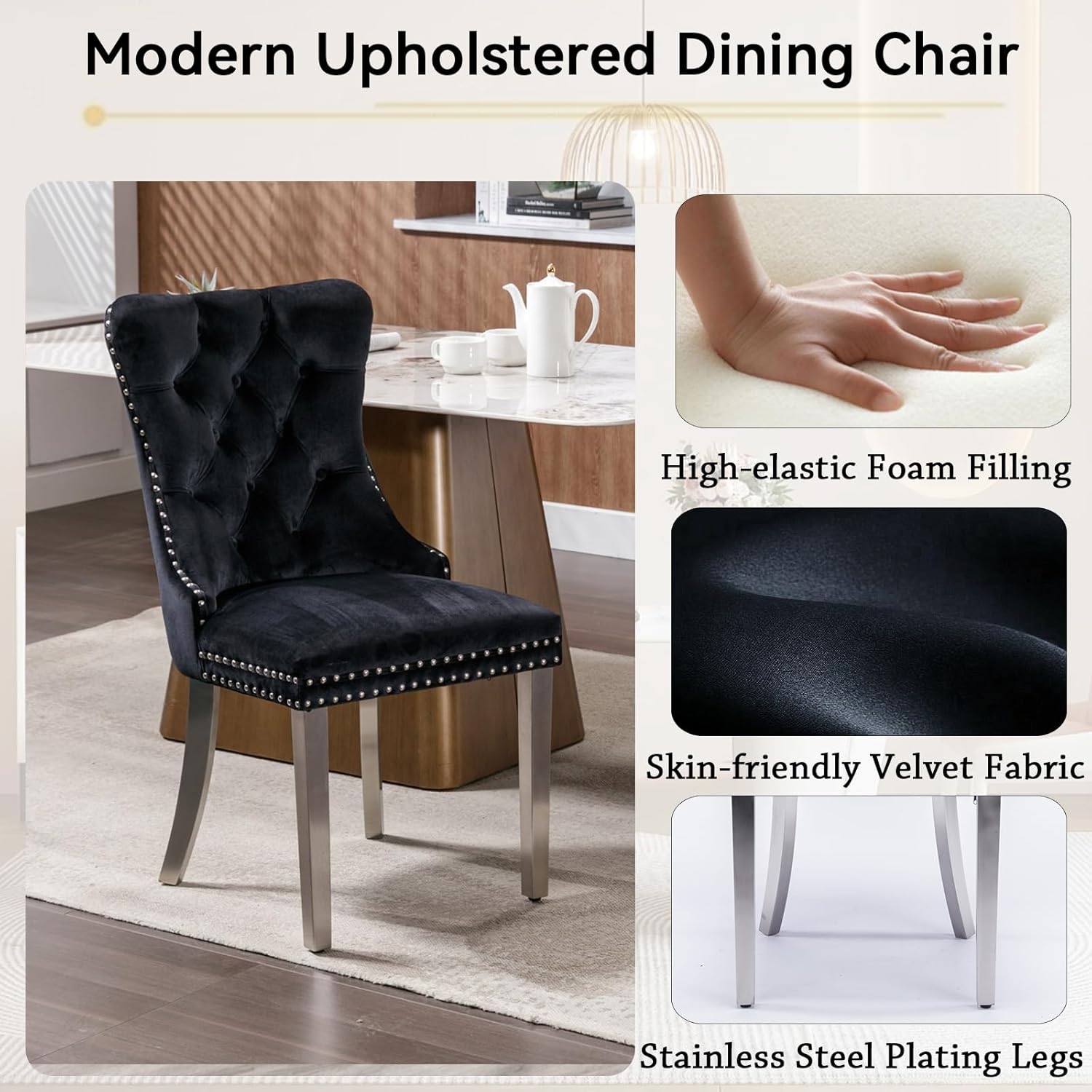7 Piece Dining Table Set with Chairs, Faux Marble Dining Table and Black Chair Set for 6, White Silver Dining Room Table Set with X-Shape Stainless Steel Base, Morden Kitchen Table and Chairs for 6