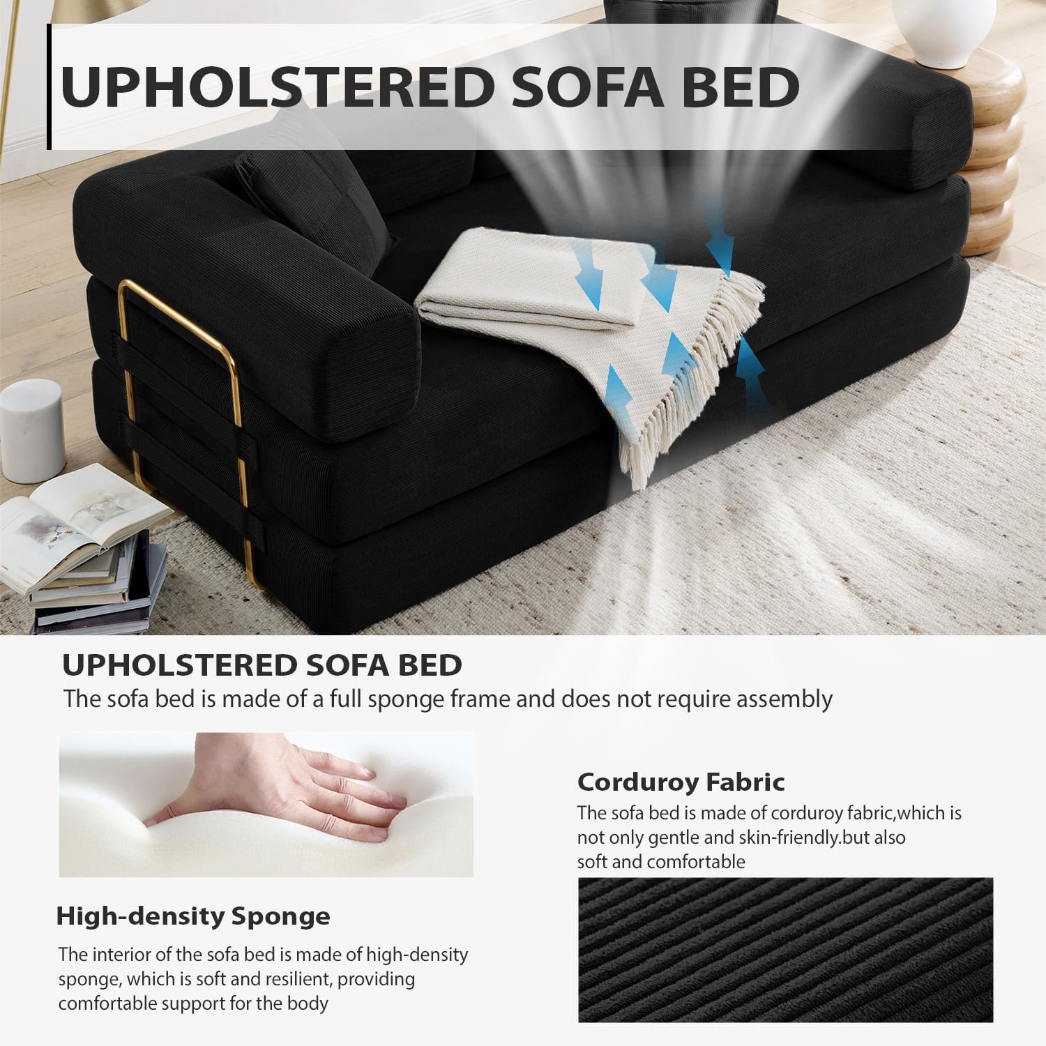 HANXIN 78 Inch Convertible Sleeper Sofa Bed, Folding Floor Mattress Couch with Fixed-Shape Frame, Futon Couch Lounge Loveseat with Pull Out Bed, No Assembly Required (Black)