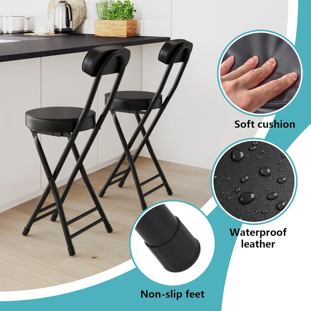 Folding Stool,Cushioned Padded Folding Bar Stool,24inch Black Height Heavy Duty Portable Chair Stool with 300lbs Capacity for Kitchen Living Room Garden Camping Fishing