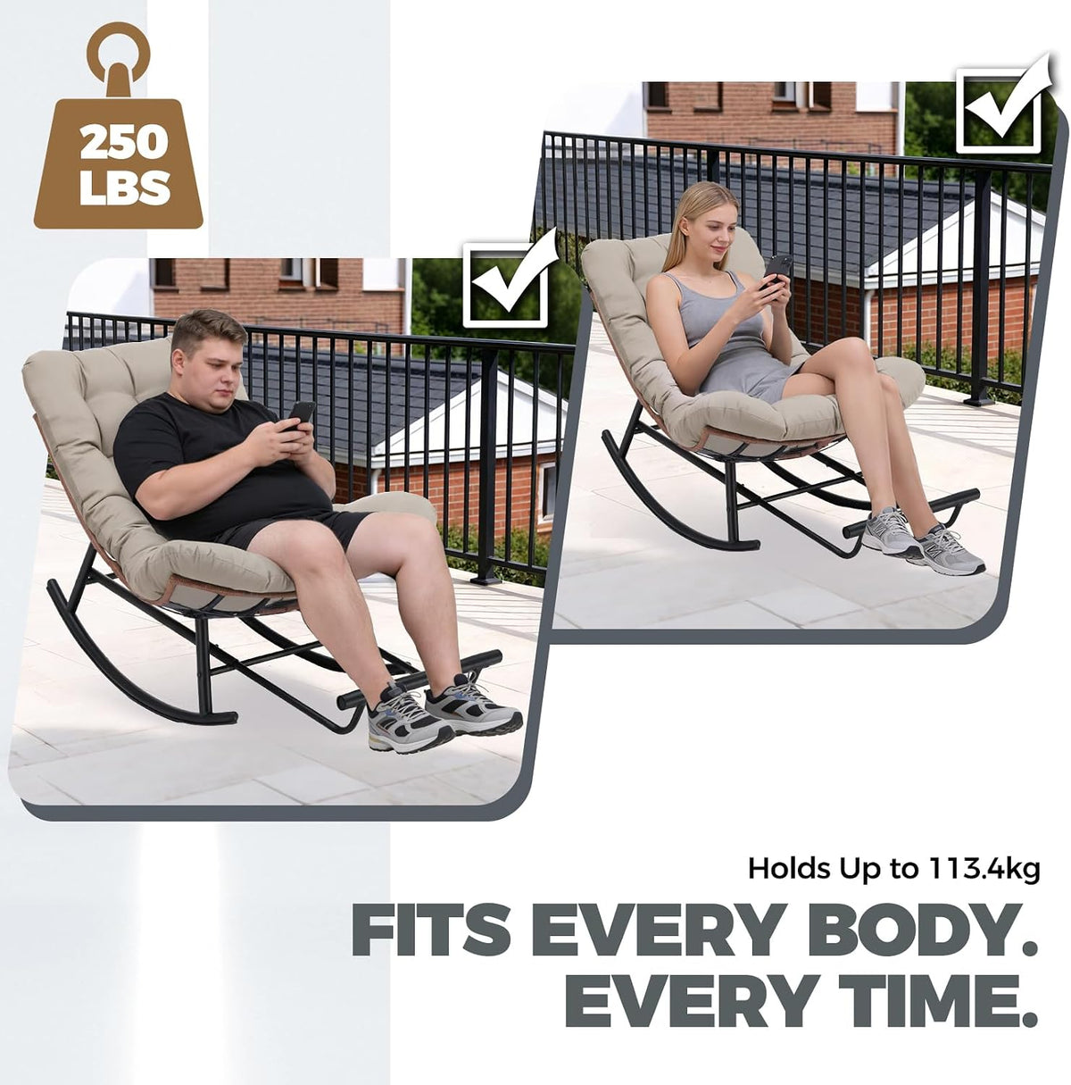 COMHOMA Outdoor Rocking Papasan Chair, Oversized Wicker Patio Rocker, Indoor Comfy Wicker Reading Lounge, Bed-Like Comfort Egg Chair for Bedroom,Balcony, Porch, Garden, Brown