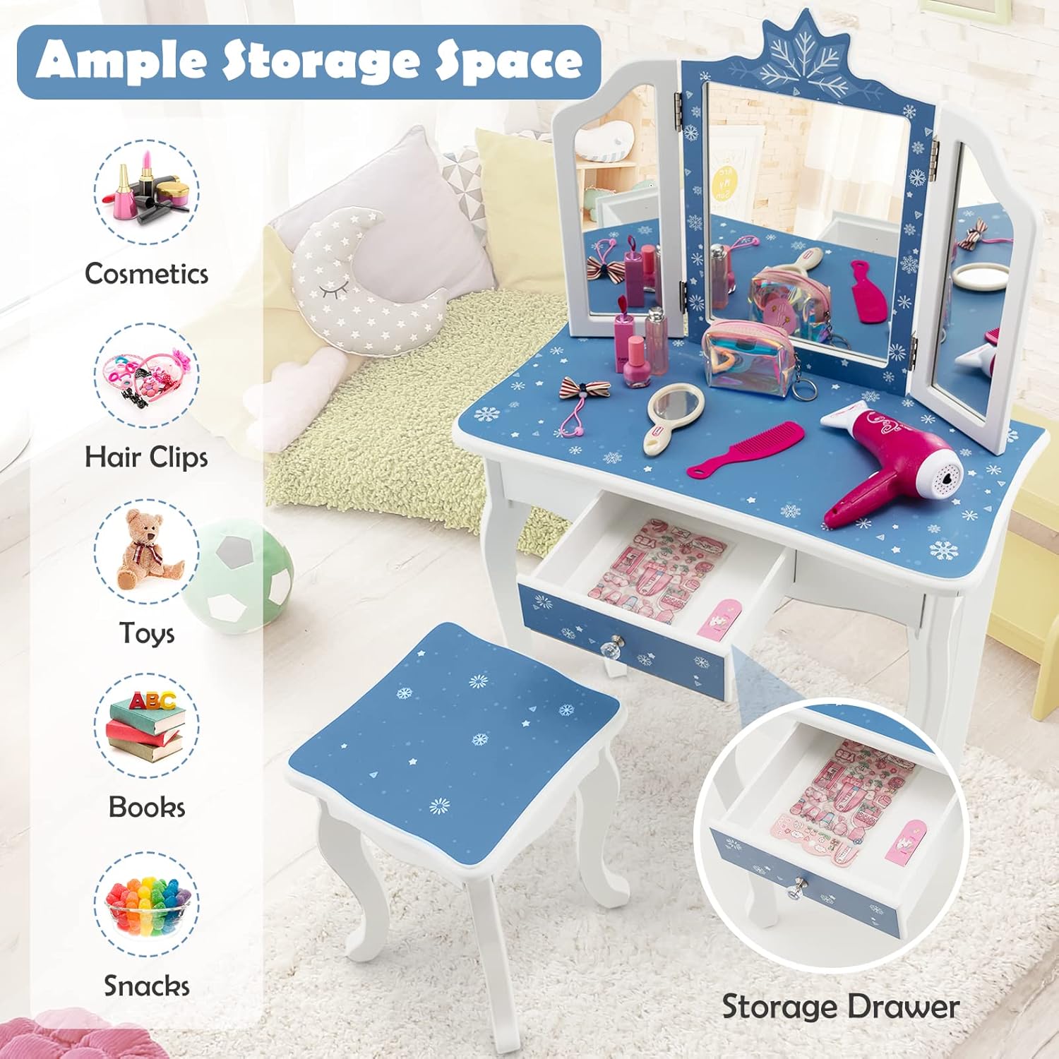 HONEY JOY Kids Vanity, Snowflake Themed Princess Makeup Vanity Set for Little Girls, Real Glass Tri-Folding Mirror, Bedroom Dressing Table & Chair Set, Wooden Girls Vanity Set w/Mirror and Stool(Blue)