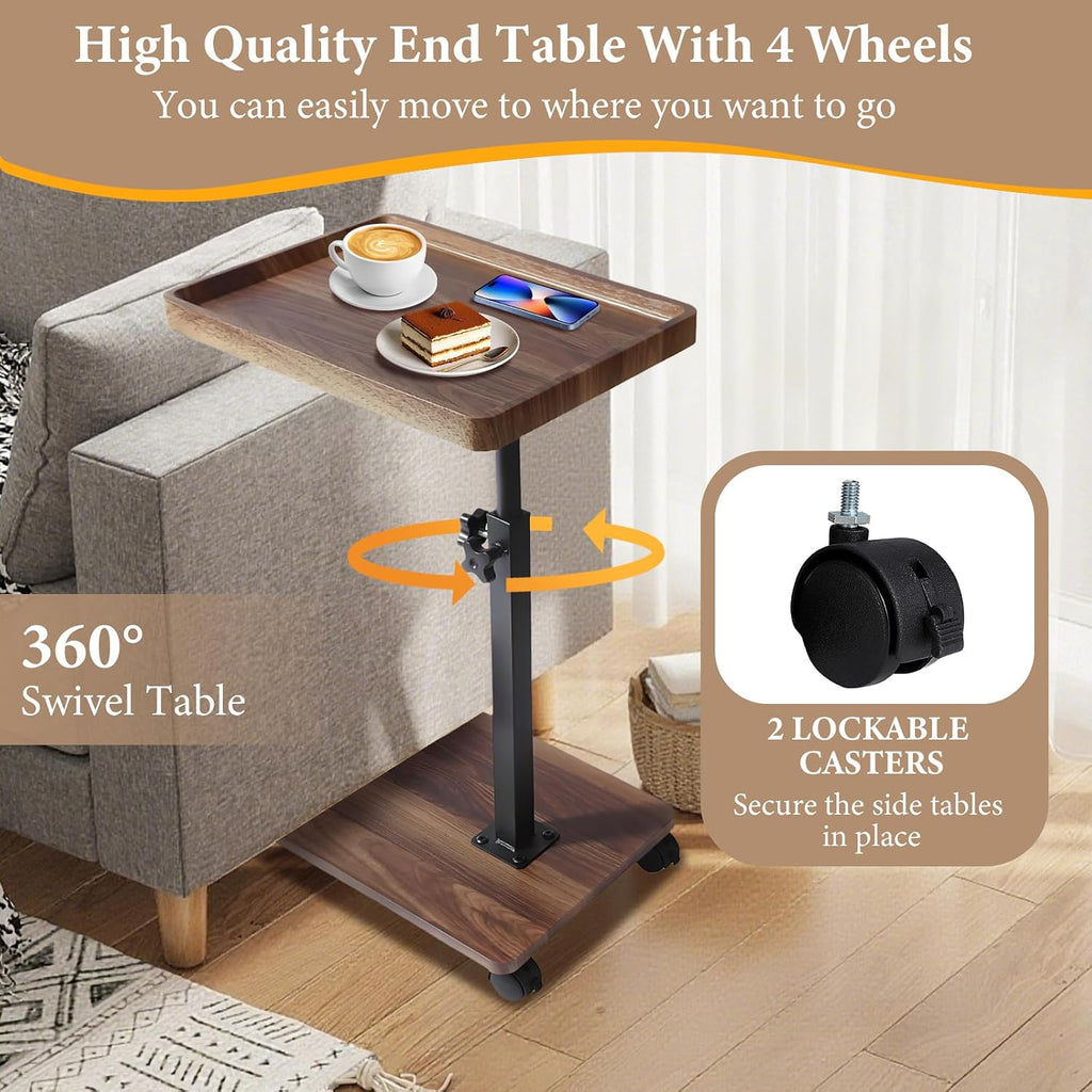 End Table C Table Adjustable Height, 360°Swivel TV Tray Table for Small Spaces, Couch Tables that Slide Under, C Shaped Side Tables Living Room and Bedroom for Sofa, Bed,Chair, Snack