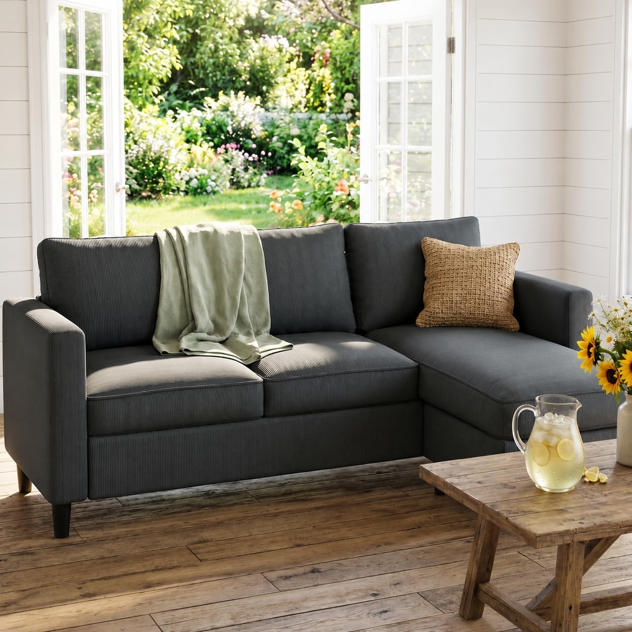SUNLEI L-Shaped Sectional Couch, Modern Grey Reversible Sectional Sofa with Reversible Ottoman, 3-Seat Sectional Couches for Living Room and Apartment, Grey