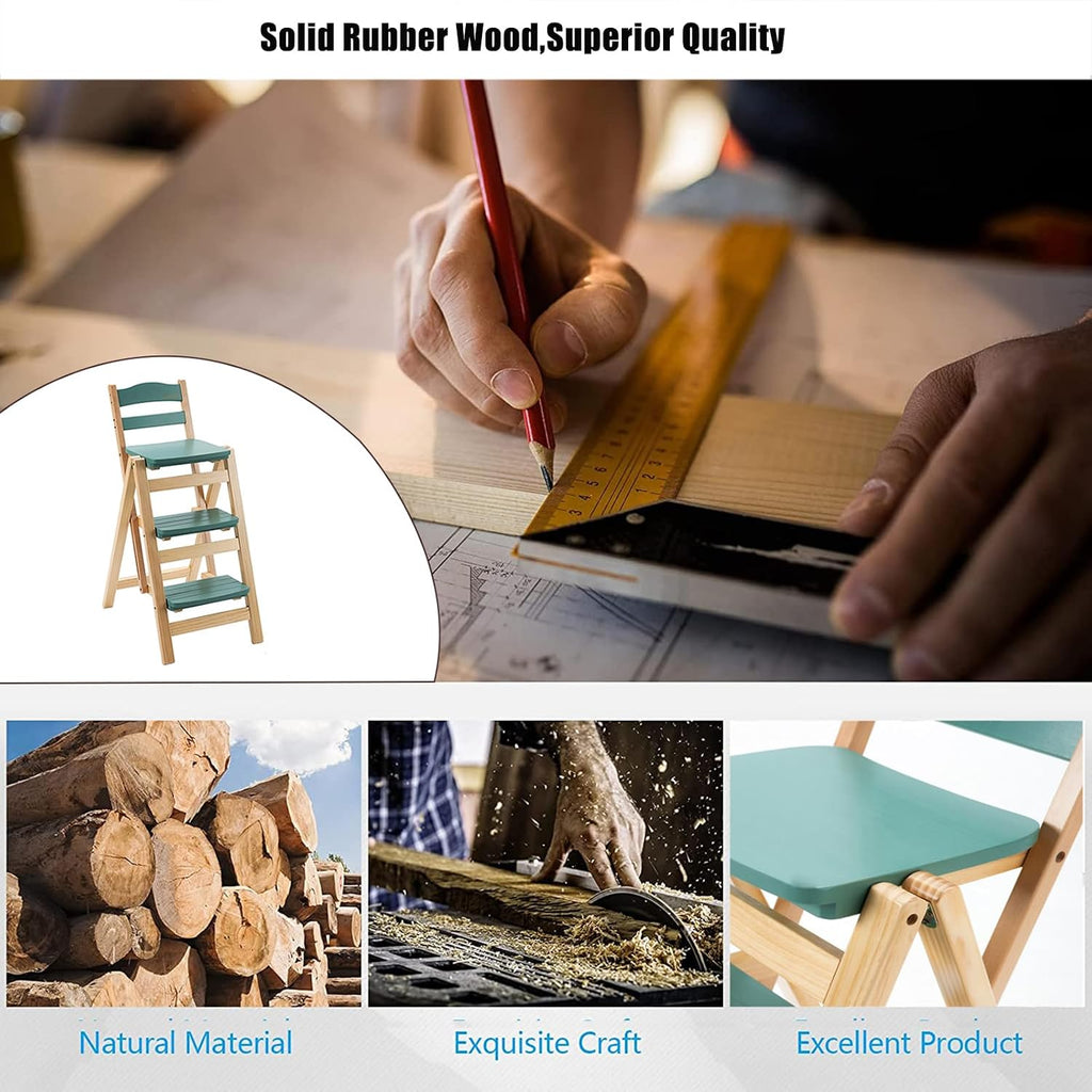 Folding Bar Stool 3 Step Ladder Stool,Solid Wood Counter Height Foldable Stool Tall Stool,Folding High Bar Stool Portable Step Stool Chair for Adults Kitchen Outdoor(21.5” X 15.7” X 34.6”, Beige)
