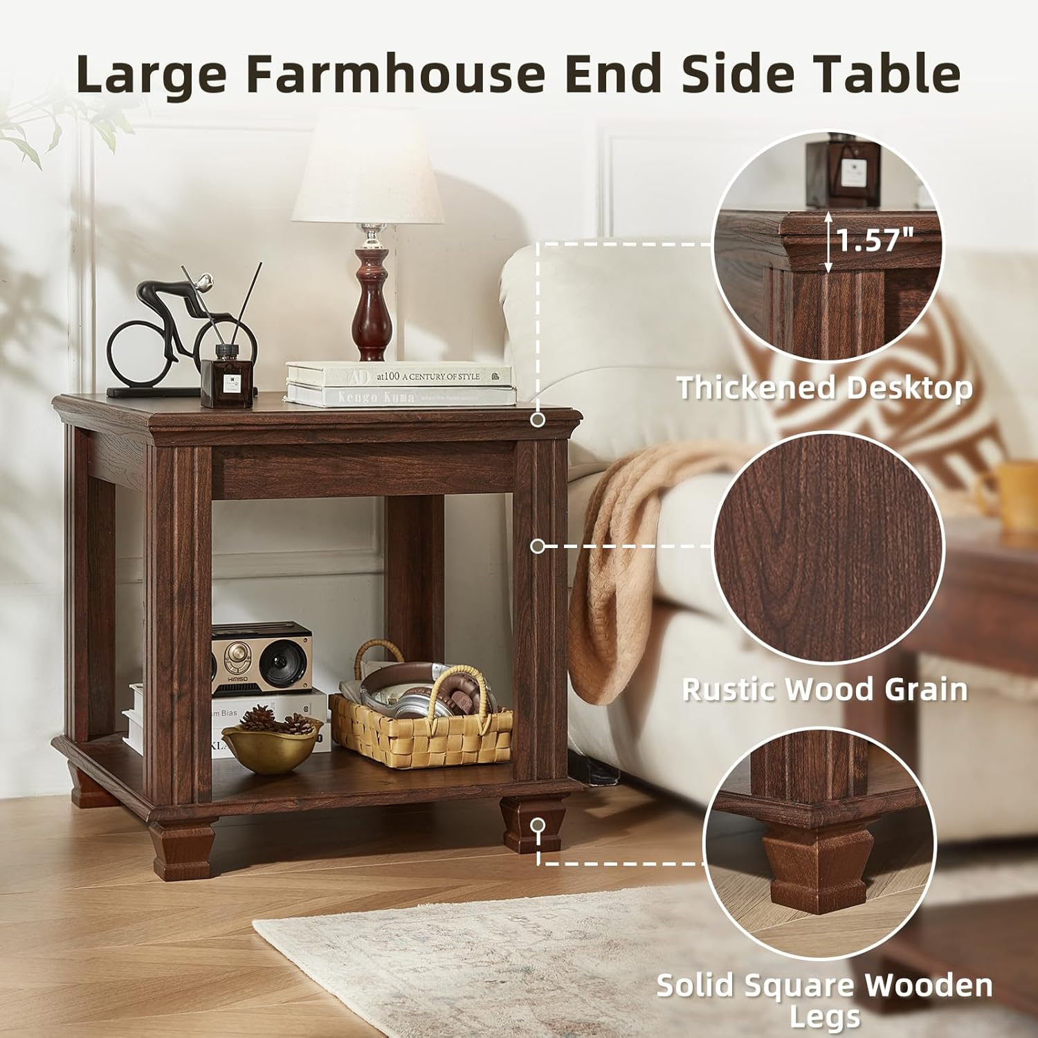 SAVOR LIFE Farmhouse End Table,Large Side Table with 2-Tier Storage Shelf,Rustic Brown End Tables for Living Room,Square Tea Table,Walnut