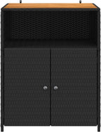 Outdoor Storage Cabinet with Acacia Wood Top, Black Poly Rattan Sideboard with 3 Shelves, Weather-Resistant Garden Organizer for Patio, Backyard, and Indoor Use 27.5 x 20 x 34 Inches