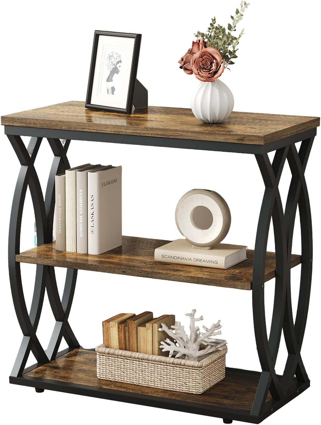 End Table, Narrow Side Table, 3-Tier End Table with Metal Frame, Living Room Side Table with Storage for Couch, Sofa, Bedroom, Small Spaces, Easy Assembly, 23.6"D*11.8"W*23.6"H, Rustic Brown