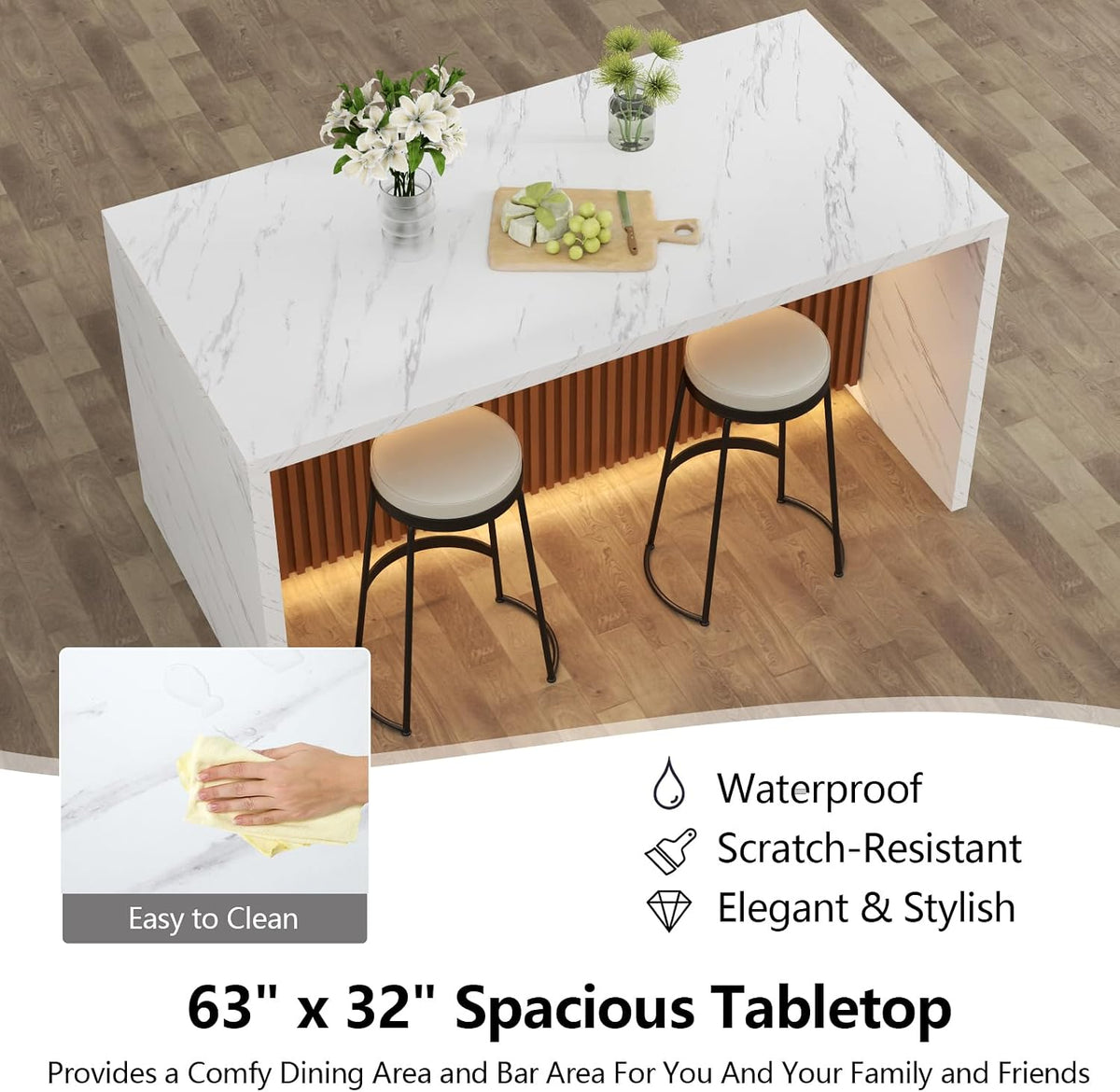 63" Large Imitation Marble Dining Table for 4-6 People,Kitchen Island Table with LED Lights, Mordern Marble Stripes Kitchen Dining Table with Grille design for Dining Room,Living Room (White)