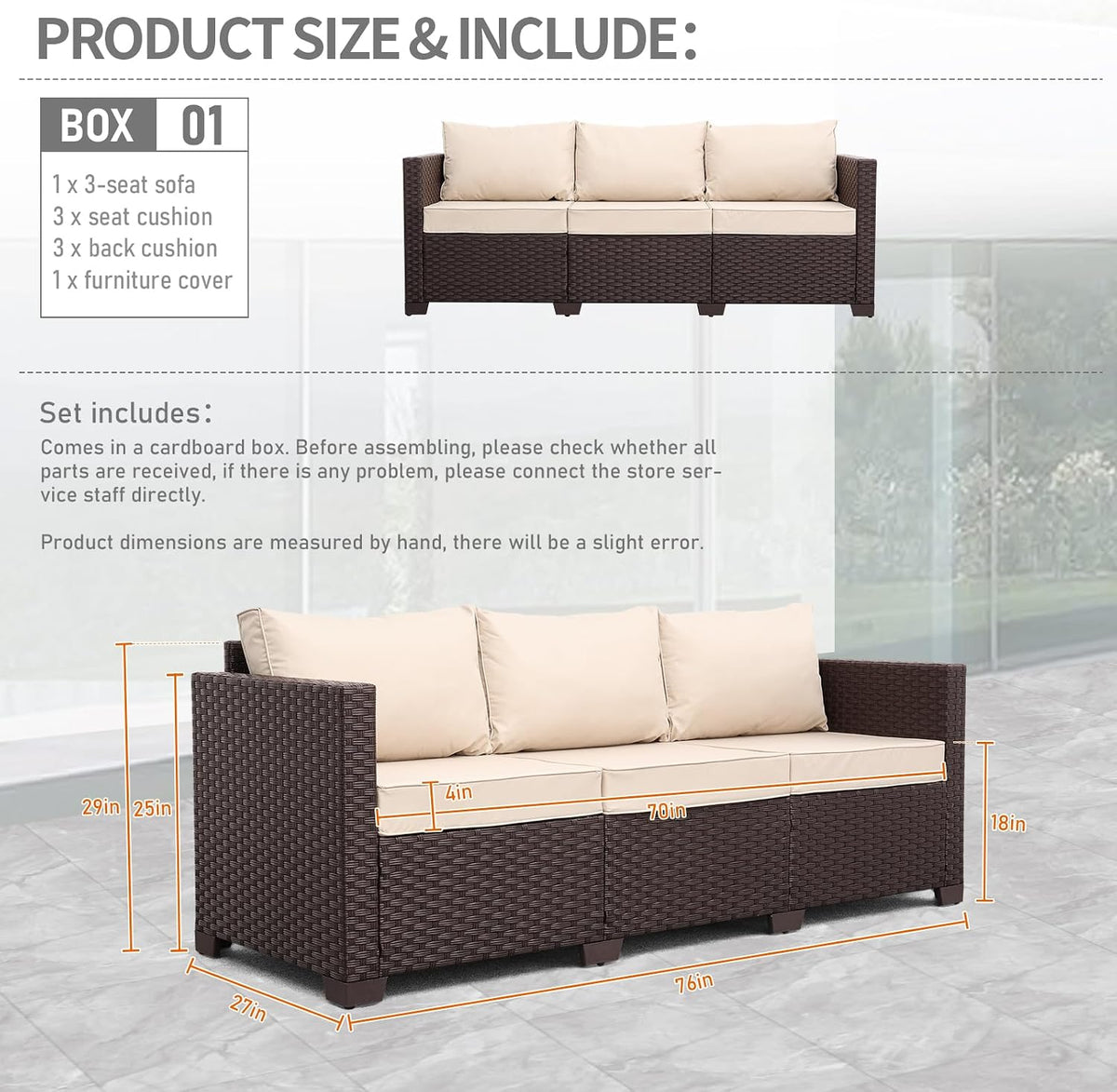 Oasishine Patio Furniture 3-seat Sofa Wicker Outdoor Furniture Outdoor Couch Deep Seat Hight Backrest Non-Slip Cushions, Khaki