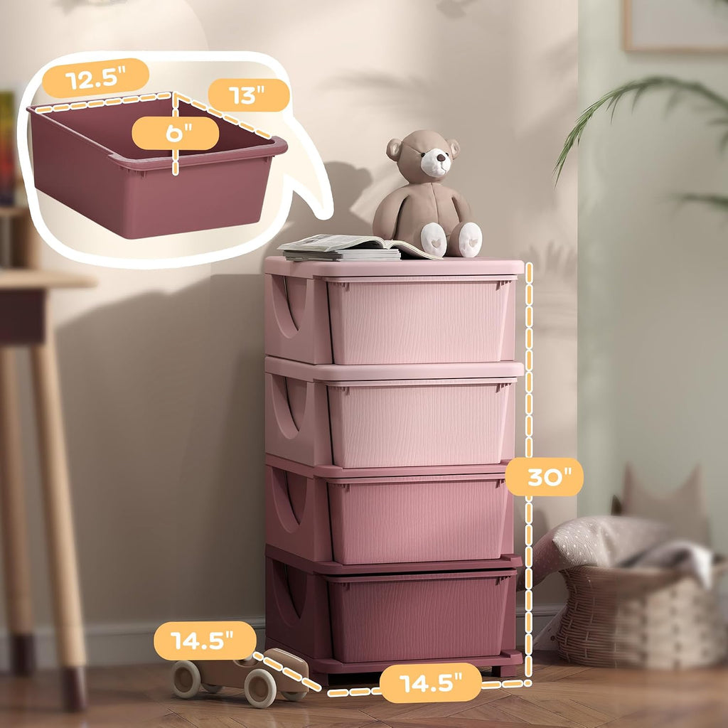Qaba 4 Drawers Kids Storage Unit 4 Tier Toy Organizers Pink | Stackable Storage Chest, Bedroom, Nursery, Playroom, Living Room, Boys, Girls, Toddlers